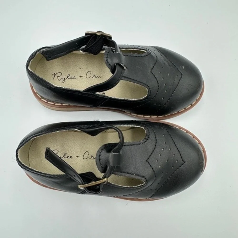 Rylee + Cru Black Leather T‎ Strap Wingtip Brogue Shoes Kids Size 7 Toddler